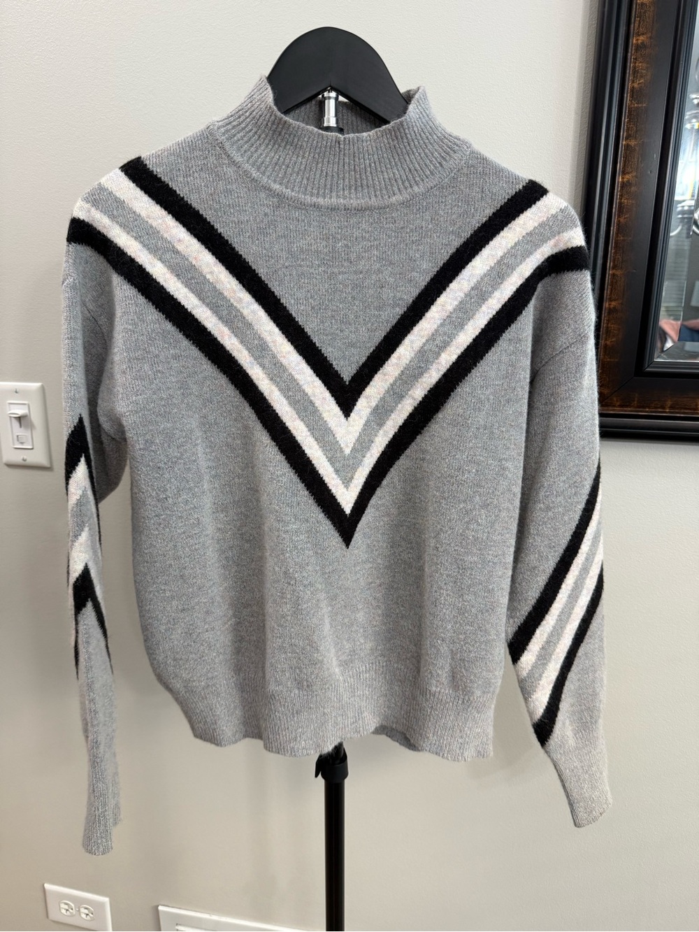 Lumiere Gray Chevron Mock-Neck Sweater with Black and White Stripes